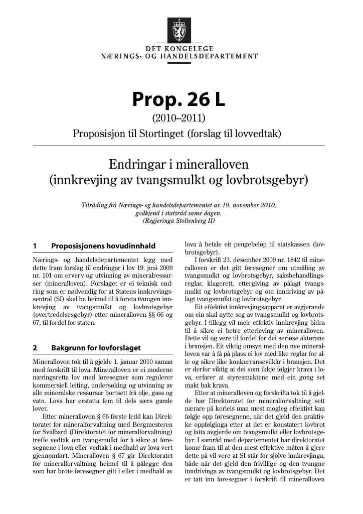 Forsiden av dokumentet Prop. 26 L (2010–2011)
