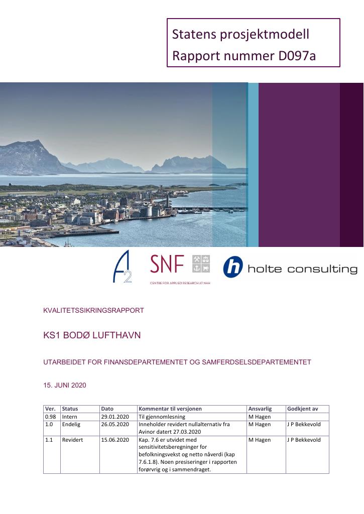 Forsiden av dokumentet Kvalitetssikringsrapport KS1 Bodø lufthavn