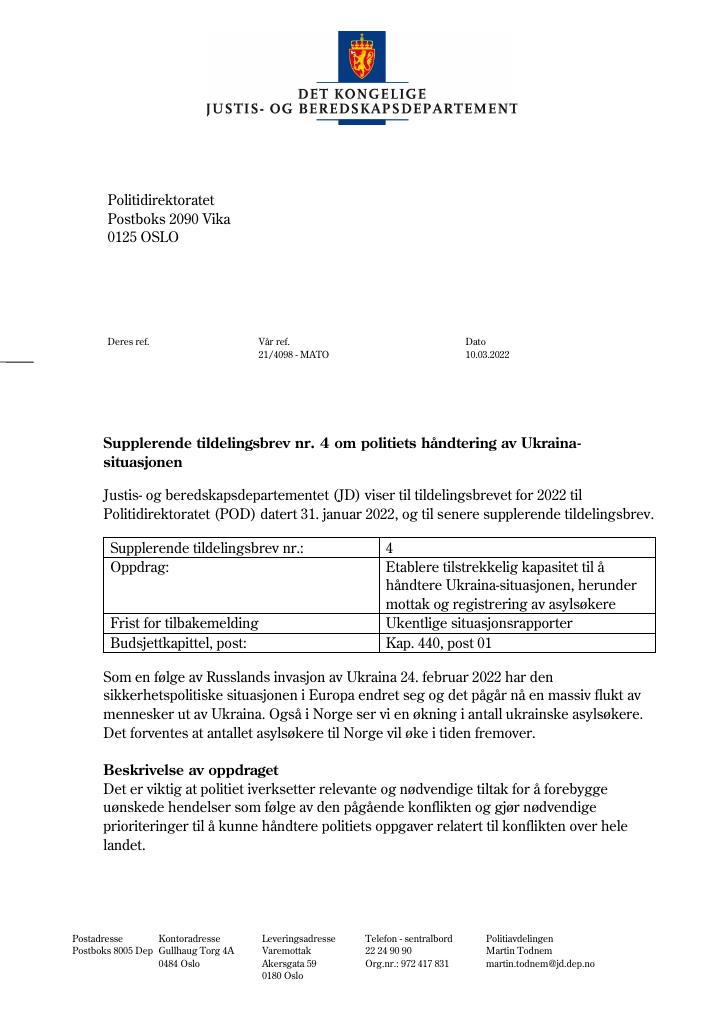 Forsiden av dokumentet Tildelingsbrev Politidirektoratet 2022 - tillegg nr. 4