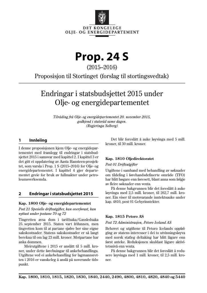 Forsiden av dokumentet Prop. 24 S (2015–2016)