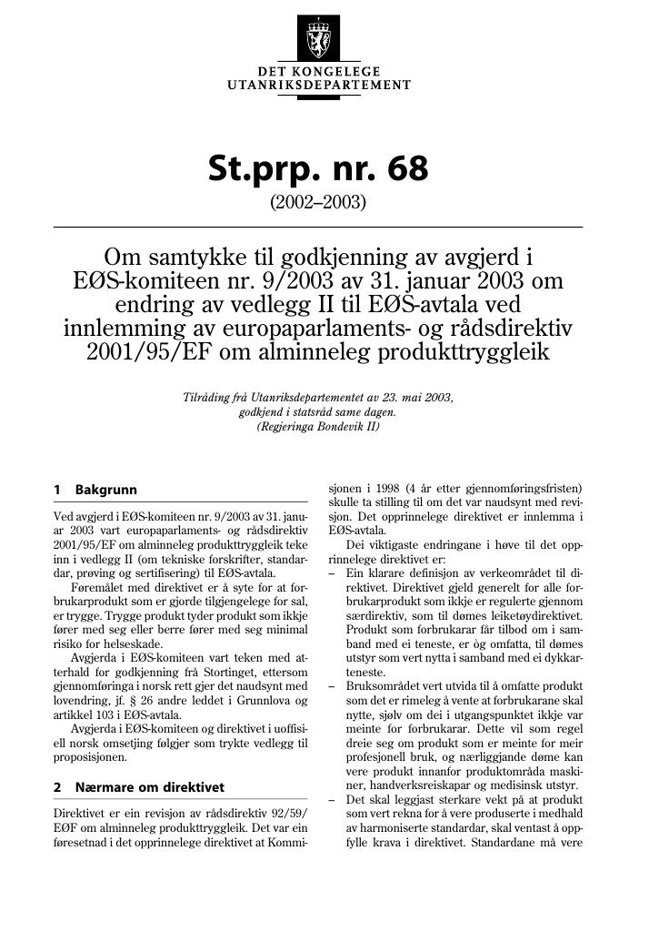 Forsiden av dokumentet St.prp. nr. 68 (2002-2003)