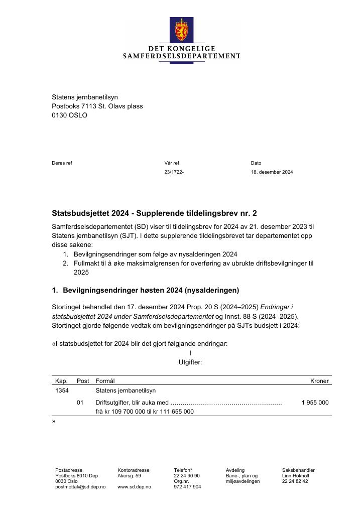 Forsiden av dokumentet Tildelingsbrev Statens jernbanetilsyn 2024 - tillegg nr. 2