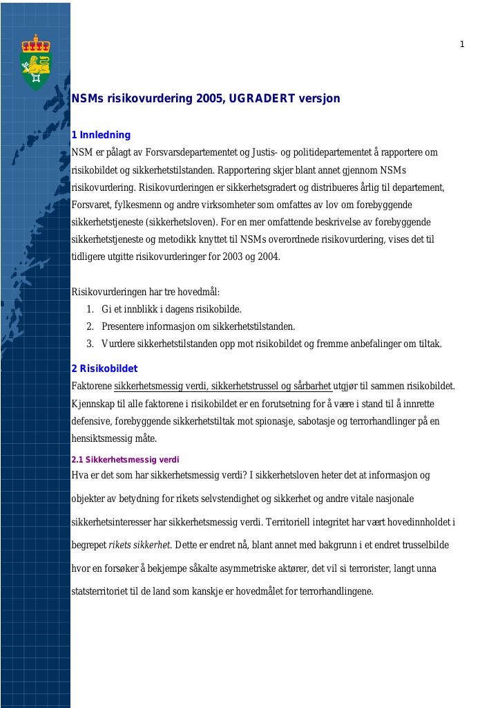 Forsiden av dokumentet NSMs risikovurdering 2005