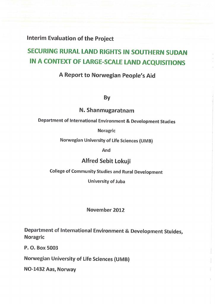 Forsiden av dokumentet Interim Evaluation of the project: Securing rural land rights in South Sudan in a context of large-scale acquisitions