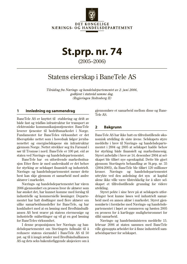Forsiden av dokumentet St.prp. nr. 74 (2005-2006)