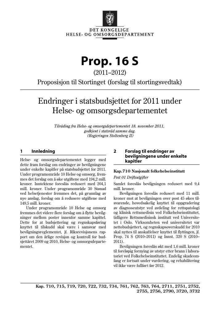 Forsiden av dokumentet Prop. 16 S (2011–2012)