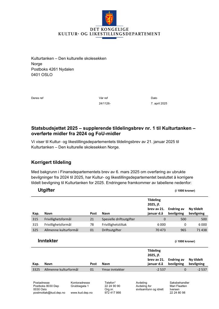 Forsiden av dokumentet Tildelingsbrev Kulturtanken - Den kulturelle skolesekken 2025 - tillegg nr. 1