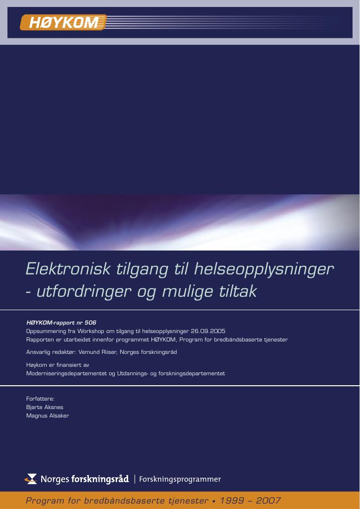 Forsiden av dokumentet Elektronisk tilgang til helseopplysninger