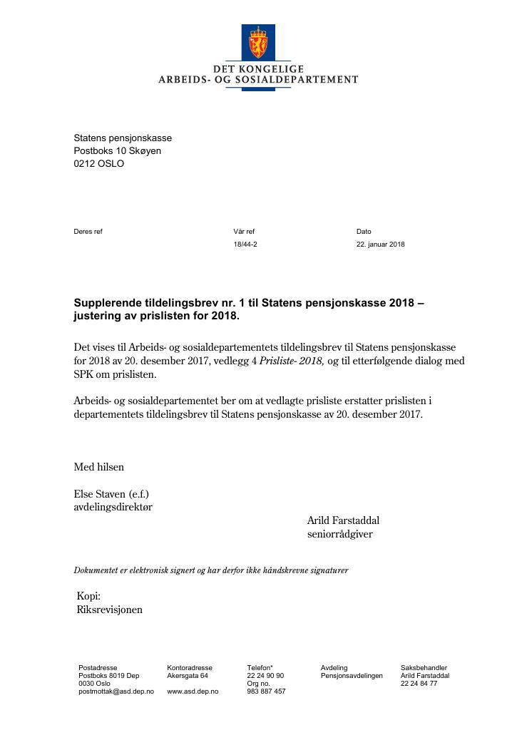 Forsiden av dokumentet Tildelingsbrev Statens pensjonskasse 2018 - tillegg nr. 1 til nr. 4