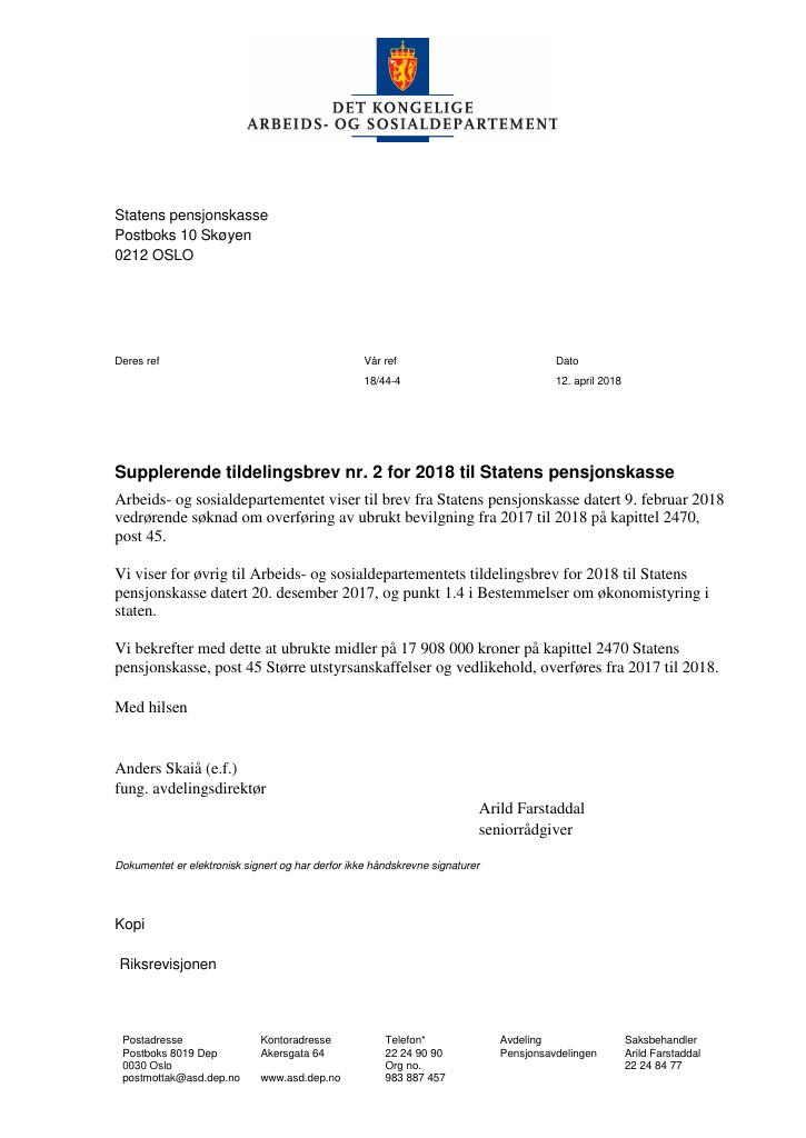 Forsiden av dokumentet Tildelingsbrev Statens pensjonskasse 2018 - tillegg nr. 2