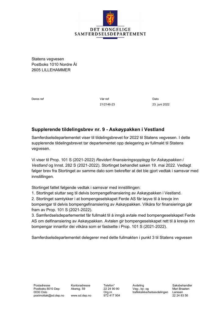 Forsiden av dokumentet Tildelingsbrev Statens vegvesen 2022 - tillegg nr. 9