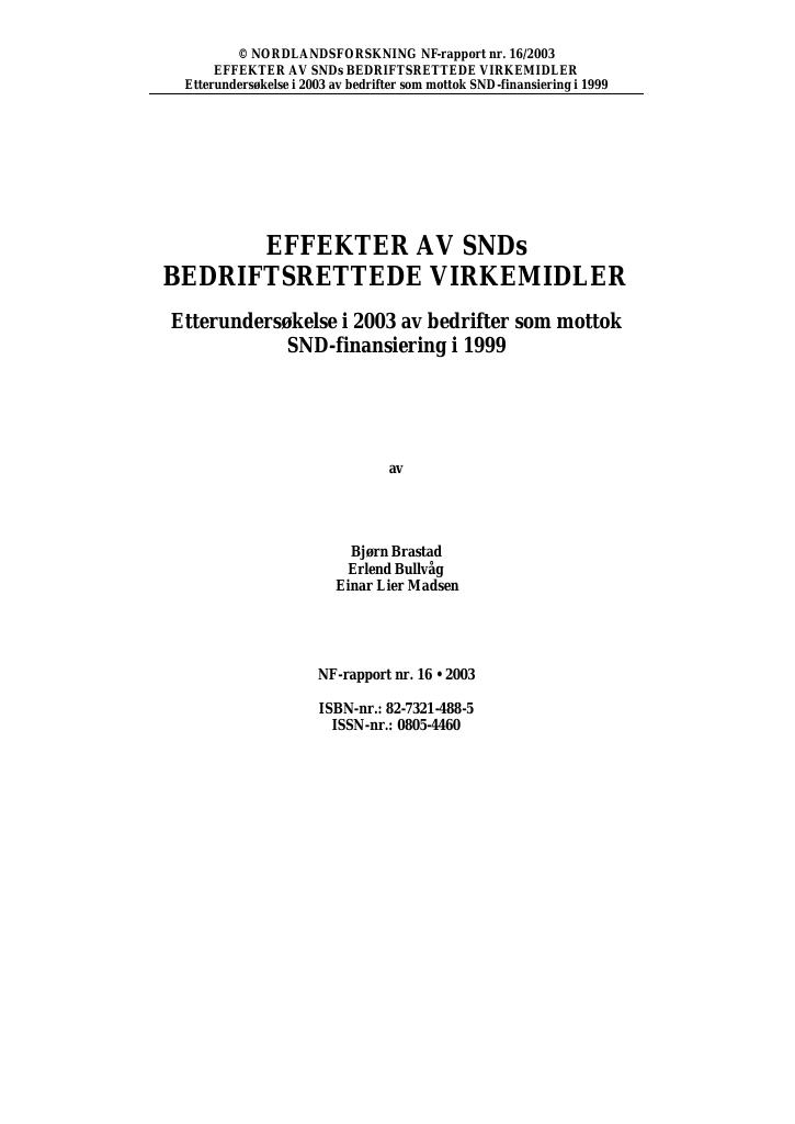 Forsiden av dokumentet Effekter av SNDs bedriftsrettede virkemidler