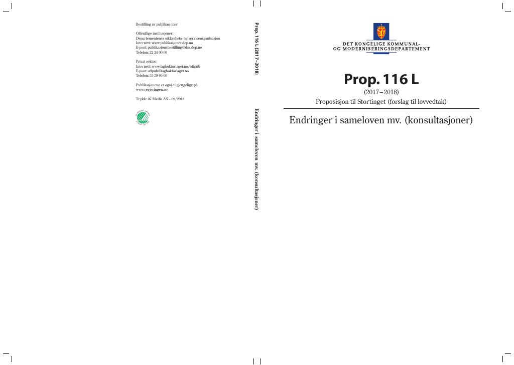 Forsiden av dokumentet Prop. 116 L (2017–2018)