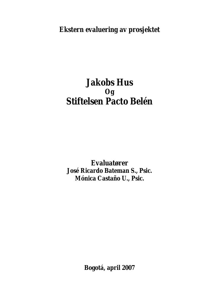Forsiden av dokumentet External Evaluation of “Jacob’s House” and the Foundation Pacto Belén