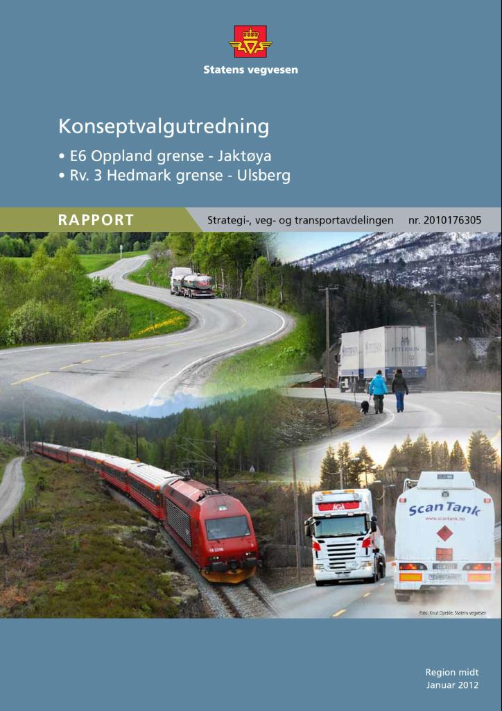 Forsiden av dokumentet Konseptvalgutredning for transportløsning E6 Oppland grense - Jaktøya og rv 3 Hedmark grense - Ulsberg