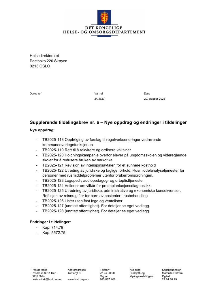 Forsiden av dokumentet Tildelingsbrev Helsedirektoratet 2025 - tillegg nr. 6