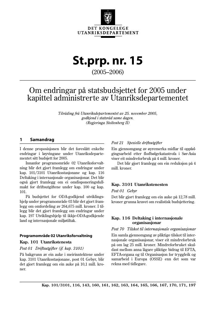 Forsiden av dokumentet St.prp. nr. 15 (2005-2006)