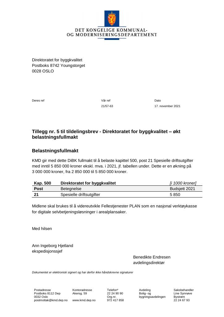Forsiden av dokumentet Tildelingsbrev Direktoratet for byggkvalitet 2021 - tillegg nr. 5