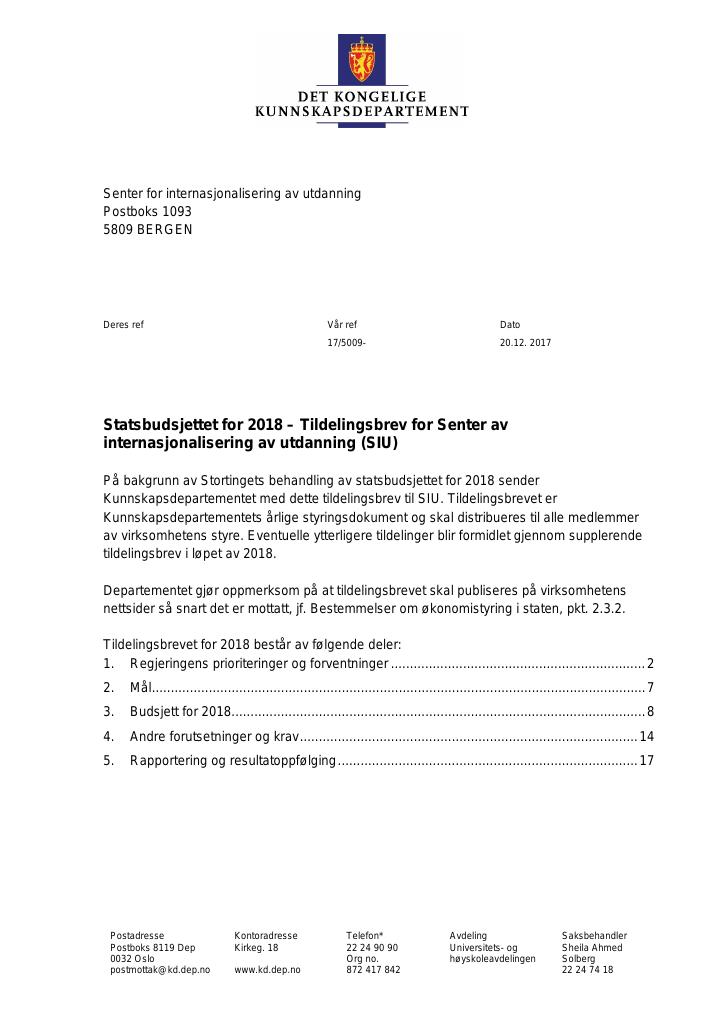 Forsiden av dokumentet Tildelingsbrev 2018 (SIU)