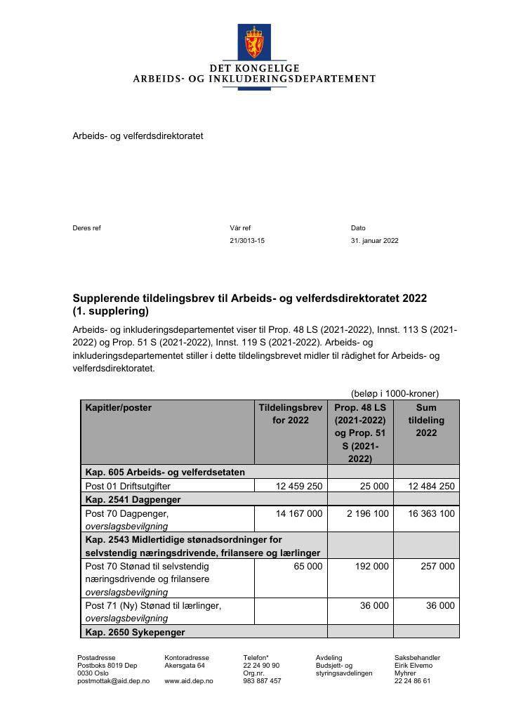 Forsiden av dokumentet Tildelingsbrev Arbeids- og velferdsdirektoratet 2022 - tillegg nr. 1