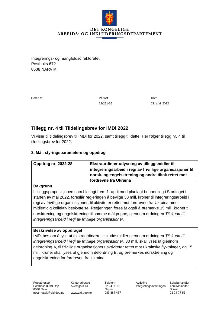 Forsiden av dokumentet Tildelingsbrev Integrerings- og mangfoldsdirektoratet (IMDi) 2022 - tillegg nr. 4