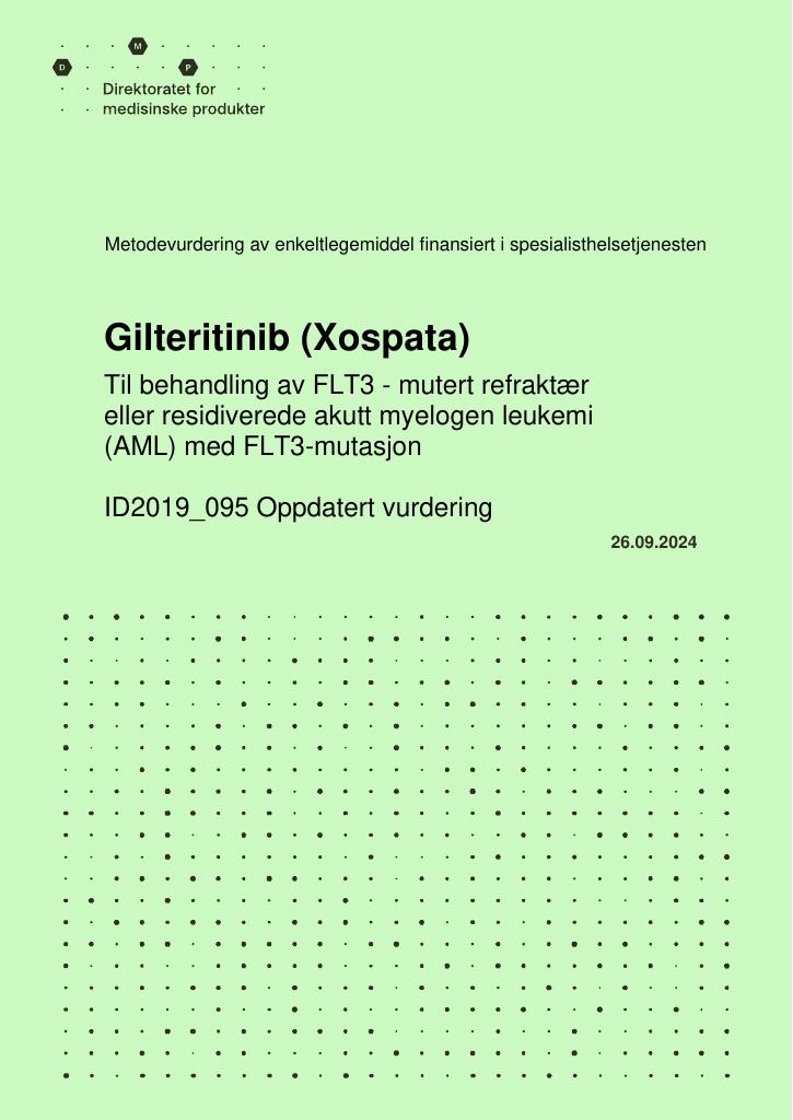 Forsiden av dokumentet Gilteritinib (Xospata) til behandling av FLT3-mutert refraktær eller residiverede akutt myelogen leukemi (AML) med FLT3-mutasjon