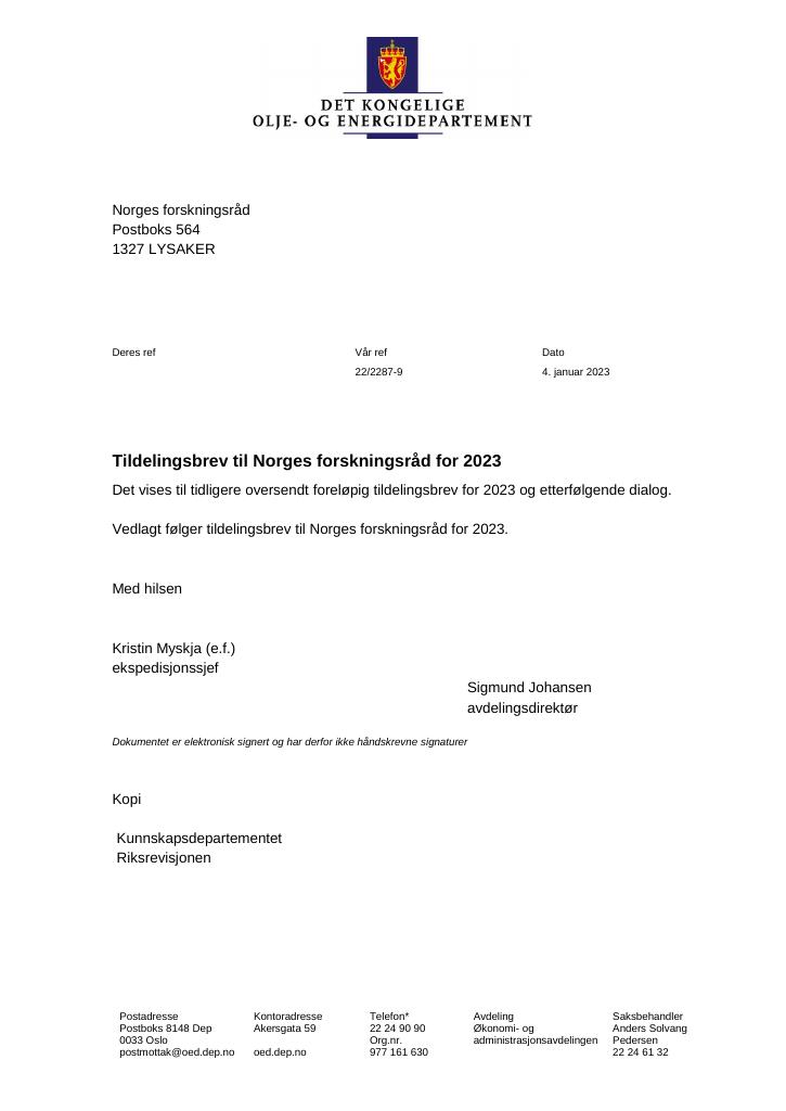 Forsiden av dokumentet Tildelingsbrev Norges forskningsråd 2023