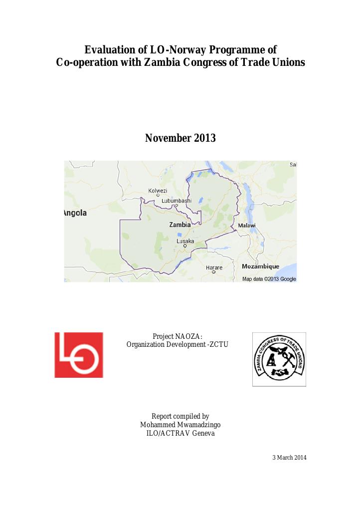 Forsiden av dokumentet Evaluation of LO-Norway Programme of Co-operation with Zambia Congress of Trade Unions