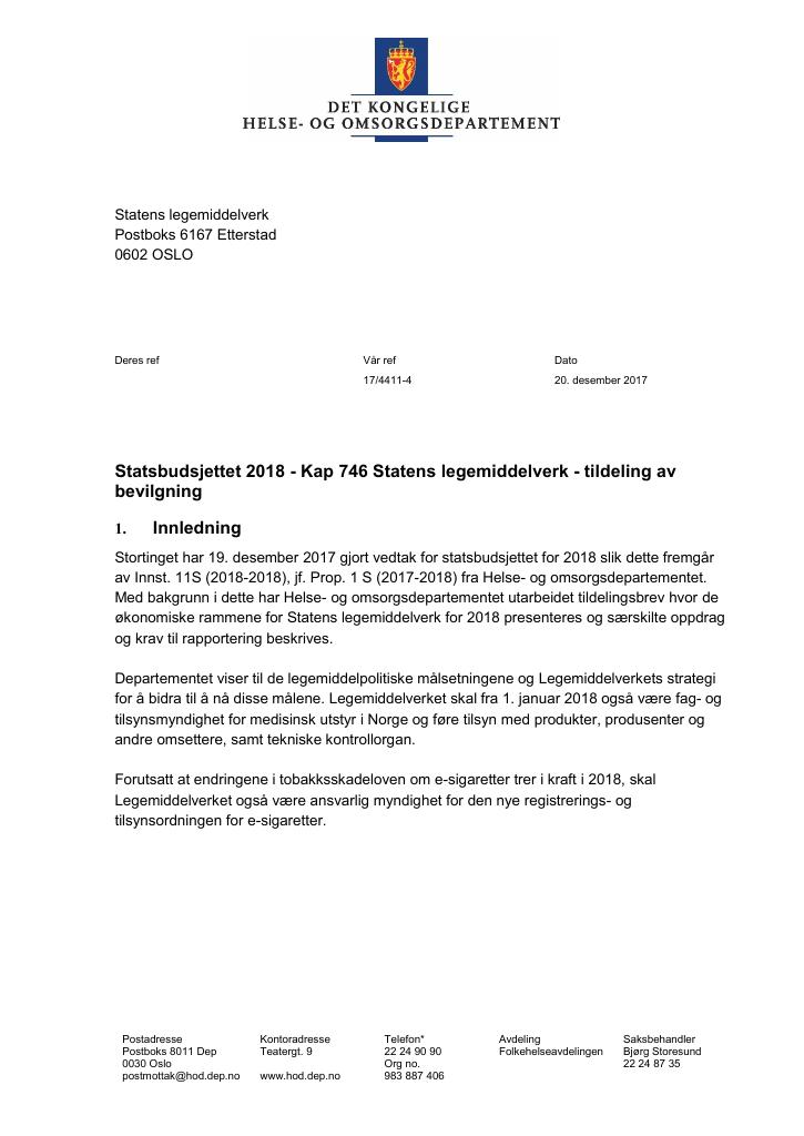 Forsiden av dokumentet Tildelingsbrev (pdf)