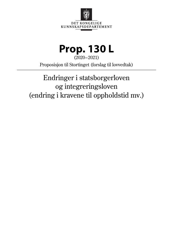 Forsiden av dokumentet Prop. 130 L (2020–2021)