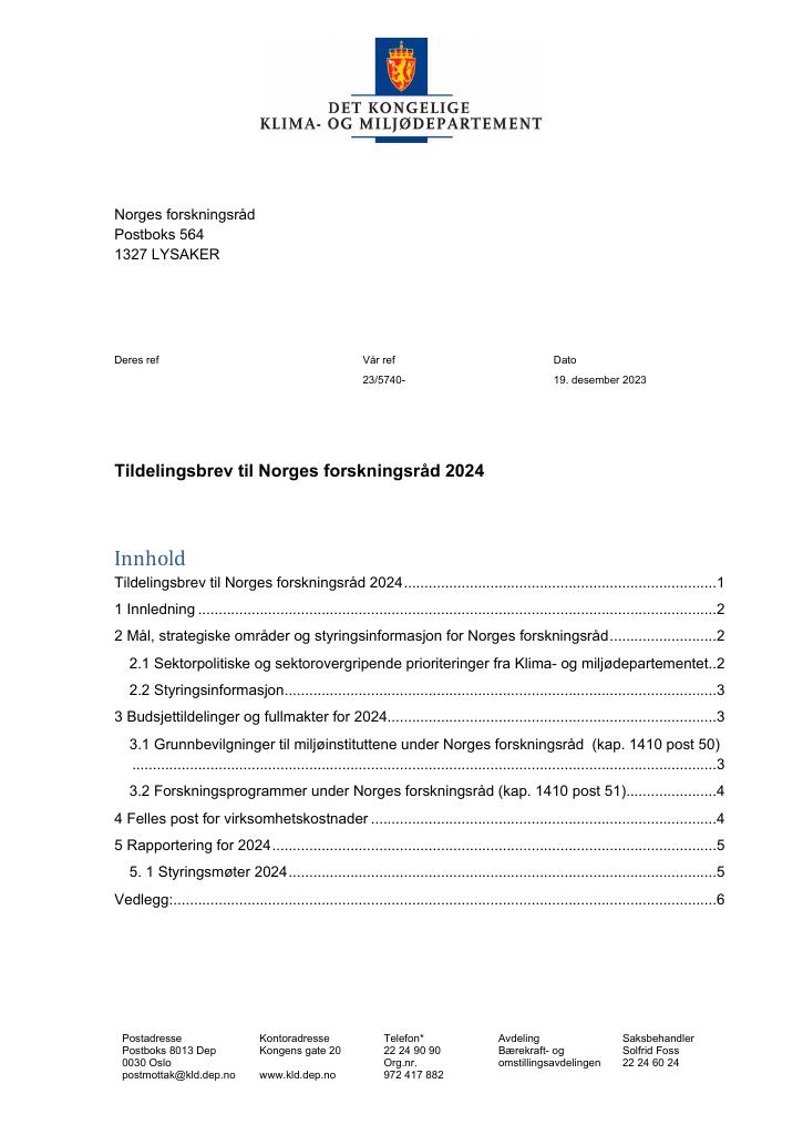 Forsiden av dokumentet Tildelingsbrev Norges forskningsråd 2024