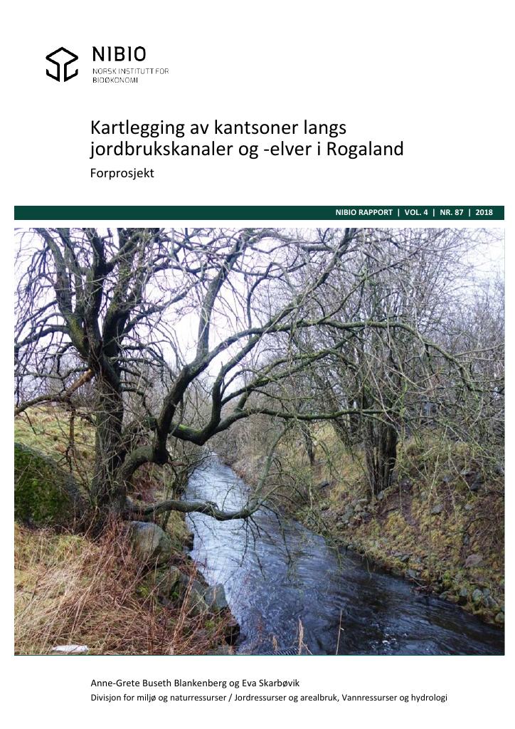 Forsiden av dokumentet Kartlegging av kantsoner langs jordbrukskanaler og -elver i Rogaland : forprosjekt