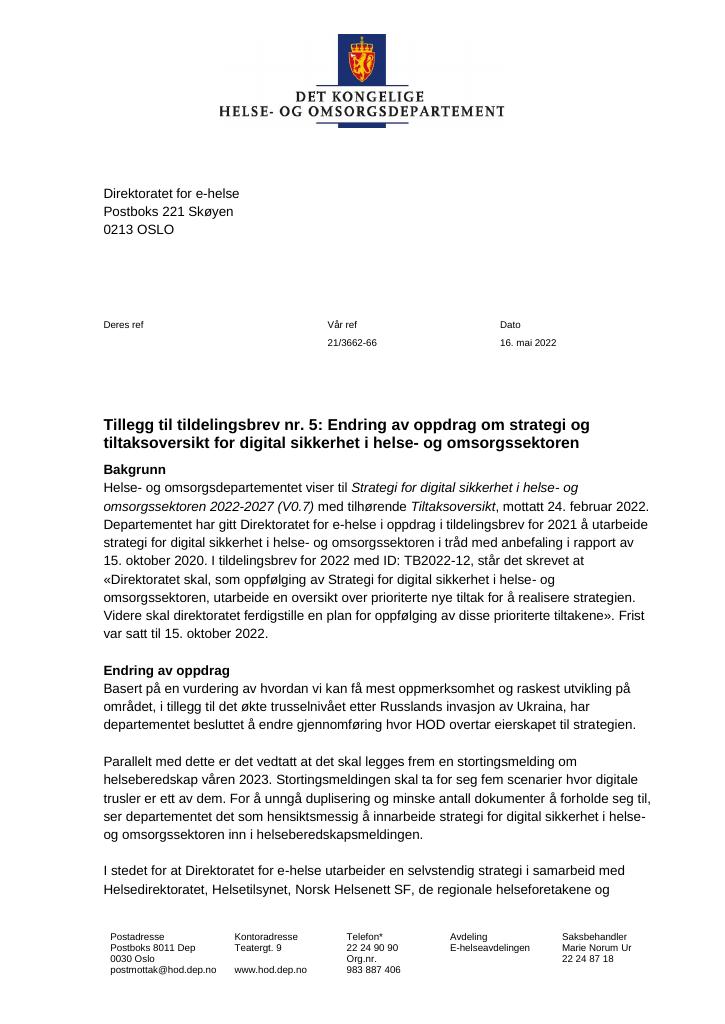Forsiden av dokumentet Tildelingsbrev Direktoratet for e-helse 2022 - tillegg nr. 5
