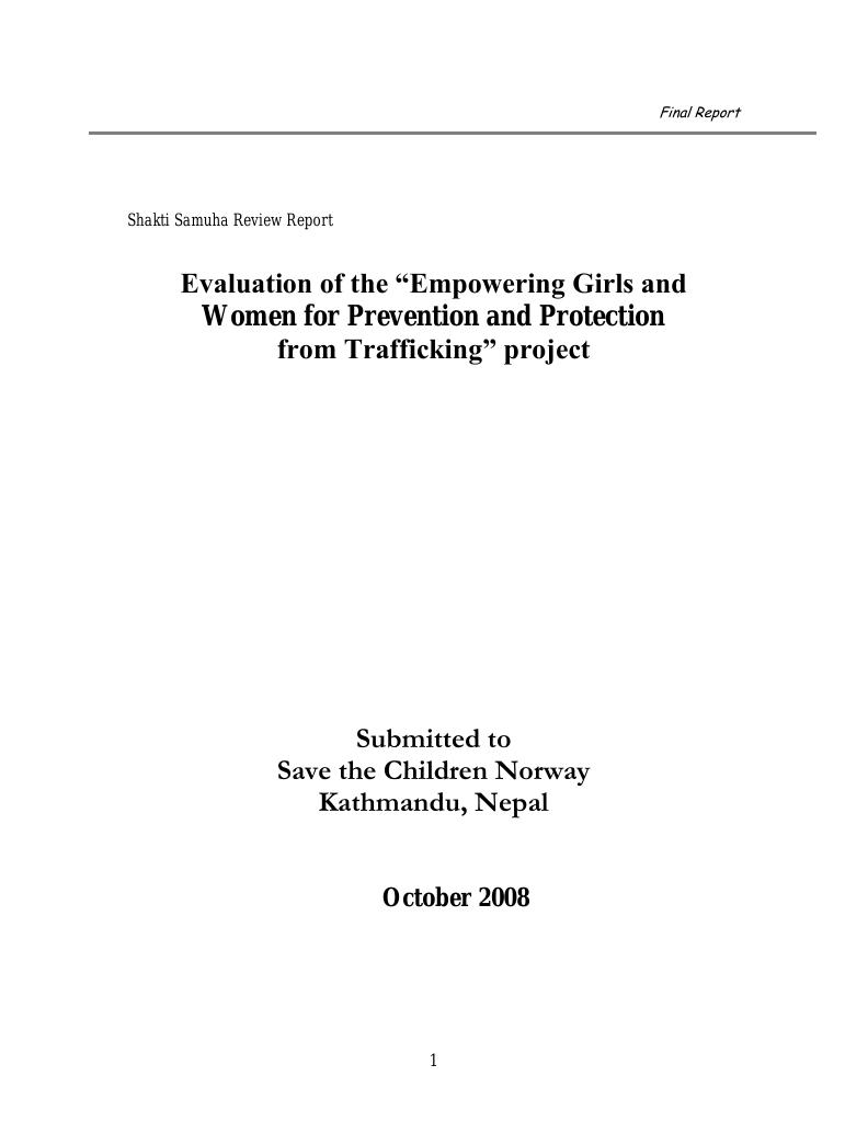 Forsiden av dokumentet Program Evaluation of “Empowering Girls and Women for Prevention and Protection from Trafficking” Project Implemented by Shakti Samuha