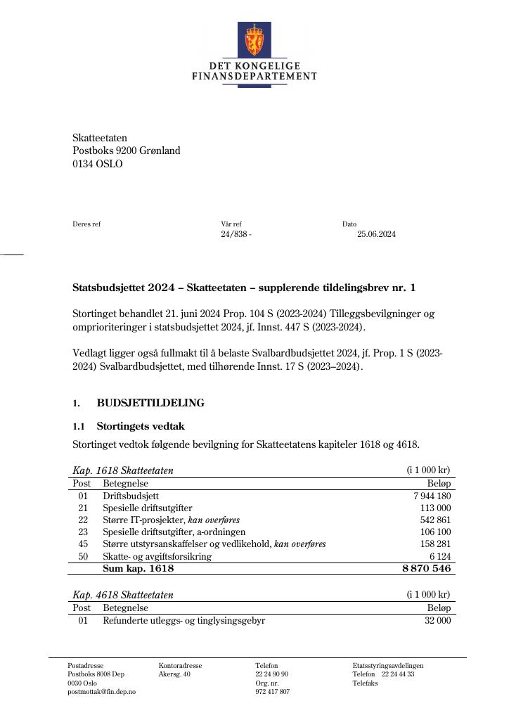 Forsiden av dokumentet Supplerende tildelingsbrev nr. 1 2024