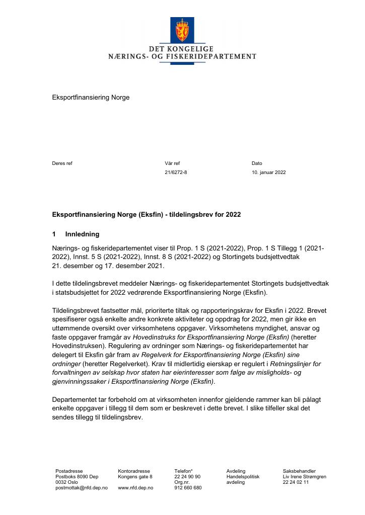 Forsiden av dokumentet Tildelingsbrev Eksportfinansiering Norge 2022