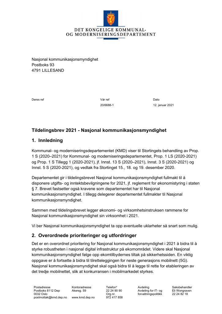 Forsiden av dokumentet Tildelingsbrev Nasjonal kommunikasjonsmyndighet 2021