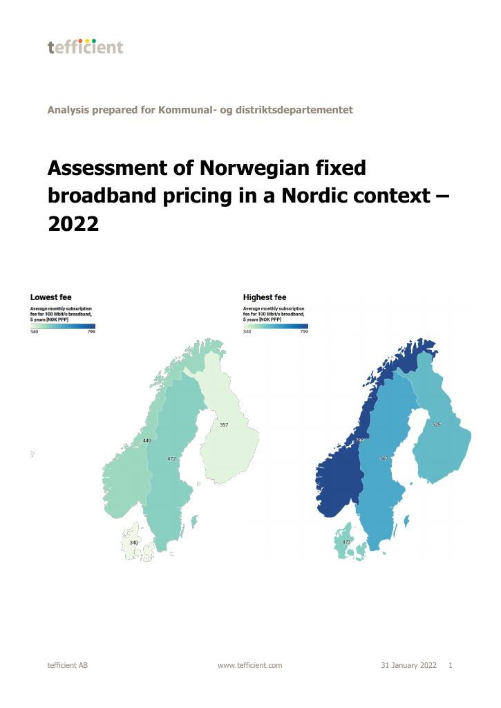 Forsiden av dokumentet Assessment of Norwegian fixed broadband pricing in a Nordic context –2022