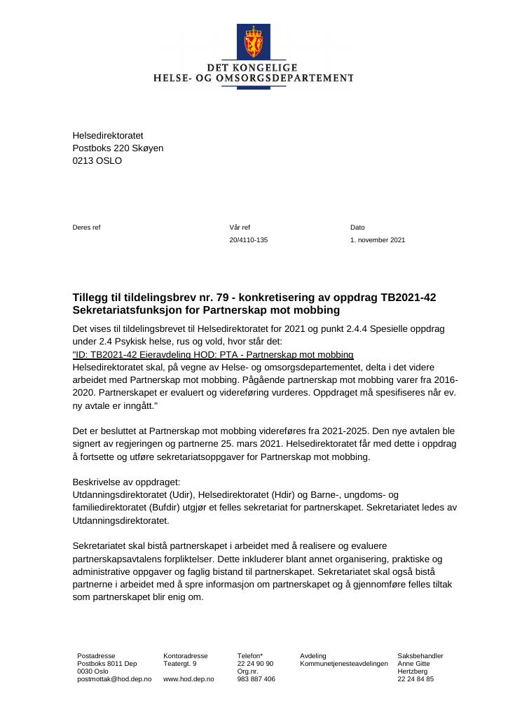 Forsiden av dokumentet Tildelingsbrev Helsedirektoratet 2021 - tillegg nr. 79