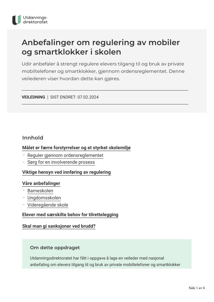 Forsiden av dokumentet Anbefalinger om regulering av mobiler og smartklokker i skolen