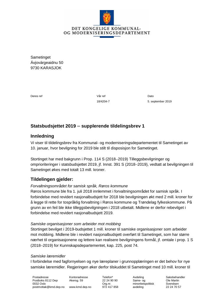 Forsiden av dokumentet Tildelingsbrev Sametinget 2019 - tillegg nr. 1