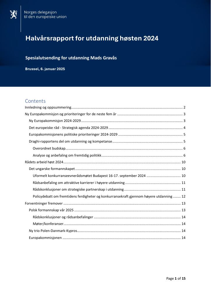 Forsiden av dokumentet EU delegasjonens halvårsrapport om utdanning for høsten 2024