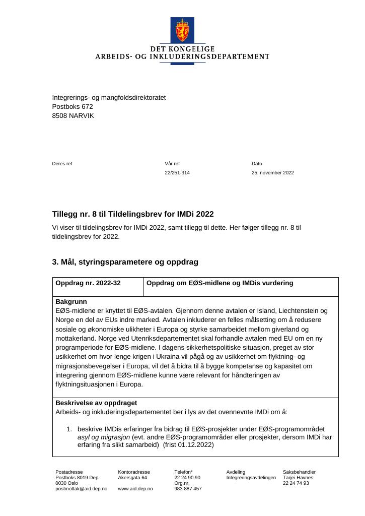 Forsiden av dokumentet Tildelingsbrev Integrerings- og mangfoldsdirektoratet (IMDi) 2022 - tillegg nr. 8