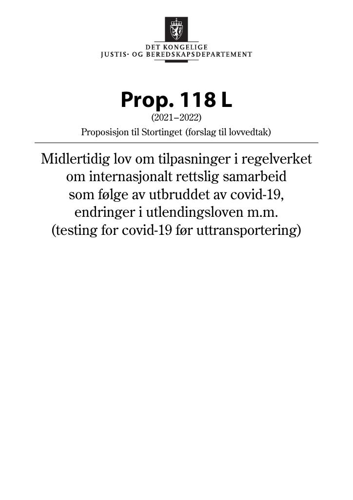 Forsiden av dokumentet Prop. 118 L (2021–2022)