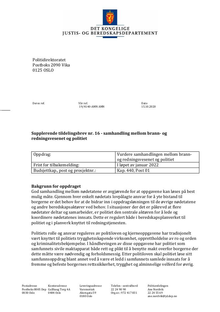 Forsiden av dokumentet Supplerende tildelingsbrev Politidirektoratet 2020 - nr. 16