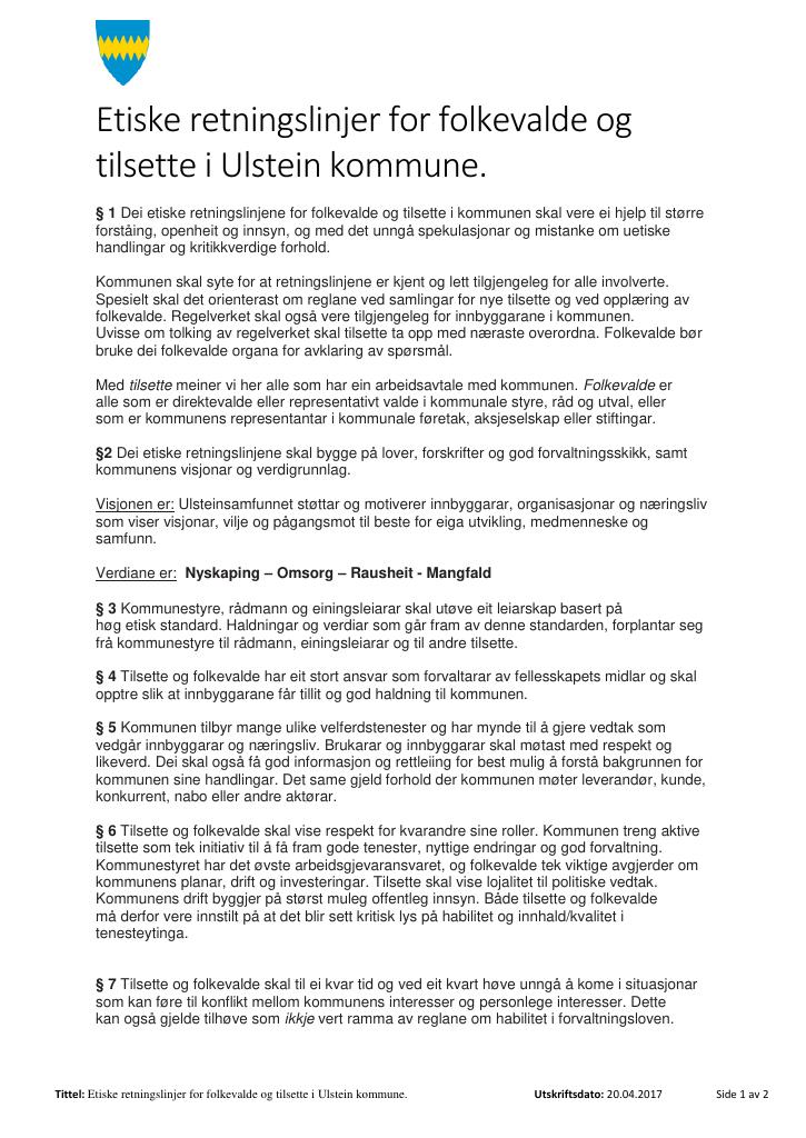 Forsiden av dokumentet Etiske retningslinjer for folkevalde og tilsette i Ulstein kommune