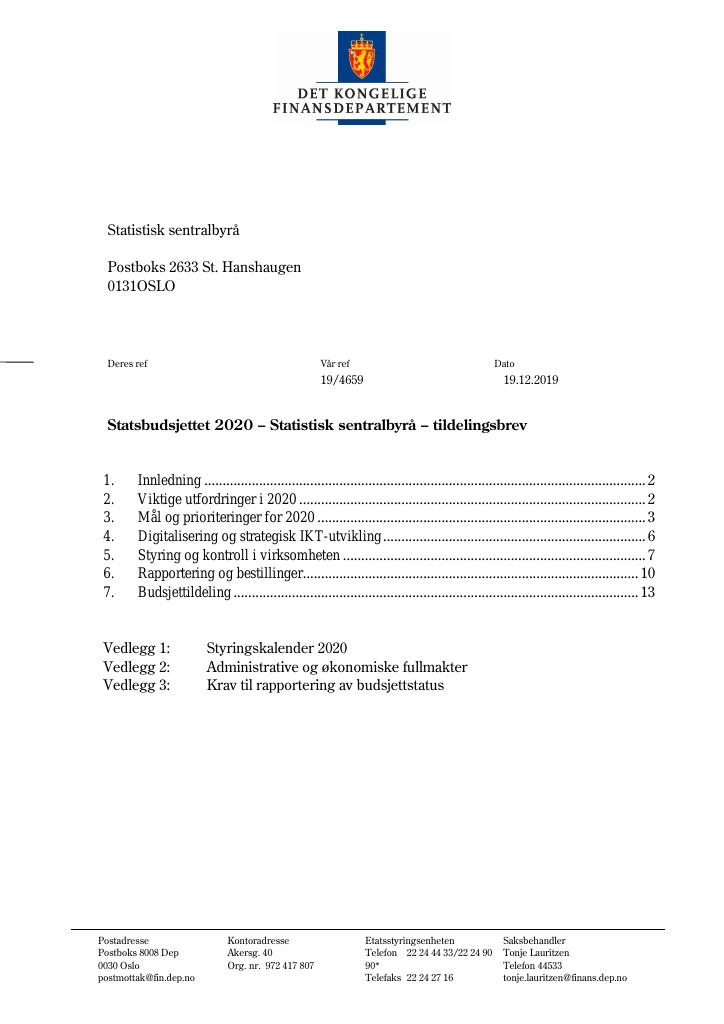 Forsiden av dokumentet Statsbudsjettet 2020: Tildelingsbrev Statistisk sentralbyrå