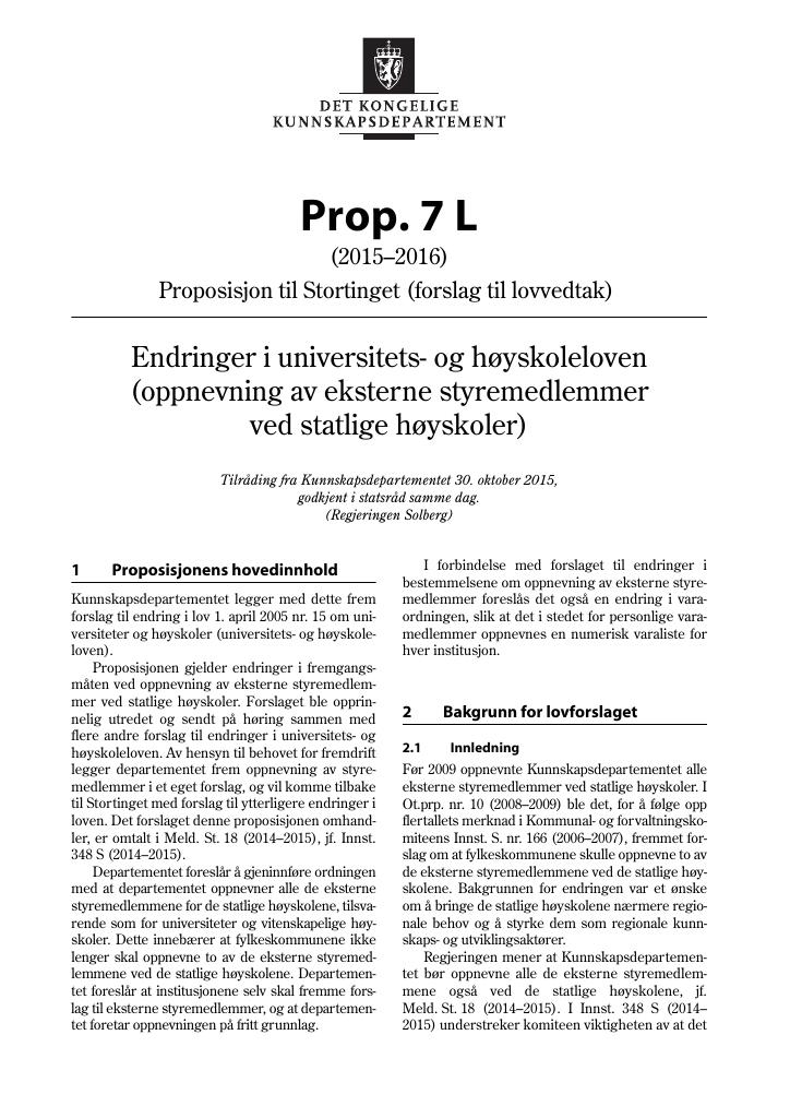 Forsiden av dokumentet Prop. 7 L (2015–2016)