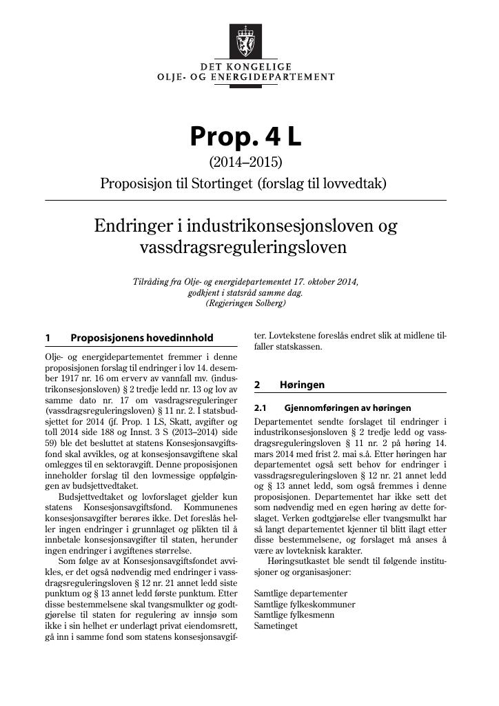 Forsiden av dokumentet Prop. 4 L (2014–2015)