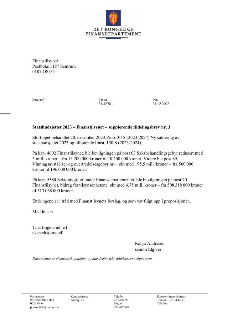 Forsiden av dokumentet supplerende tildelingsbrev nr. 3 2023